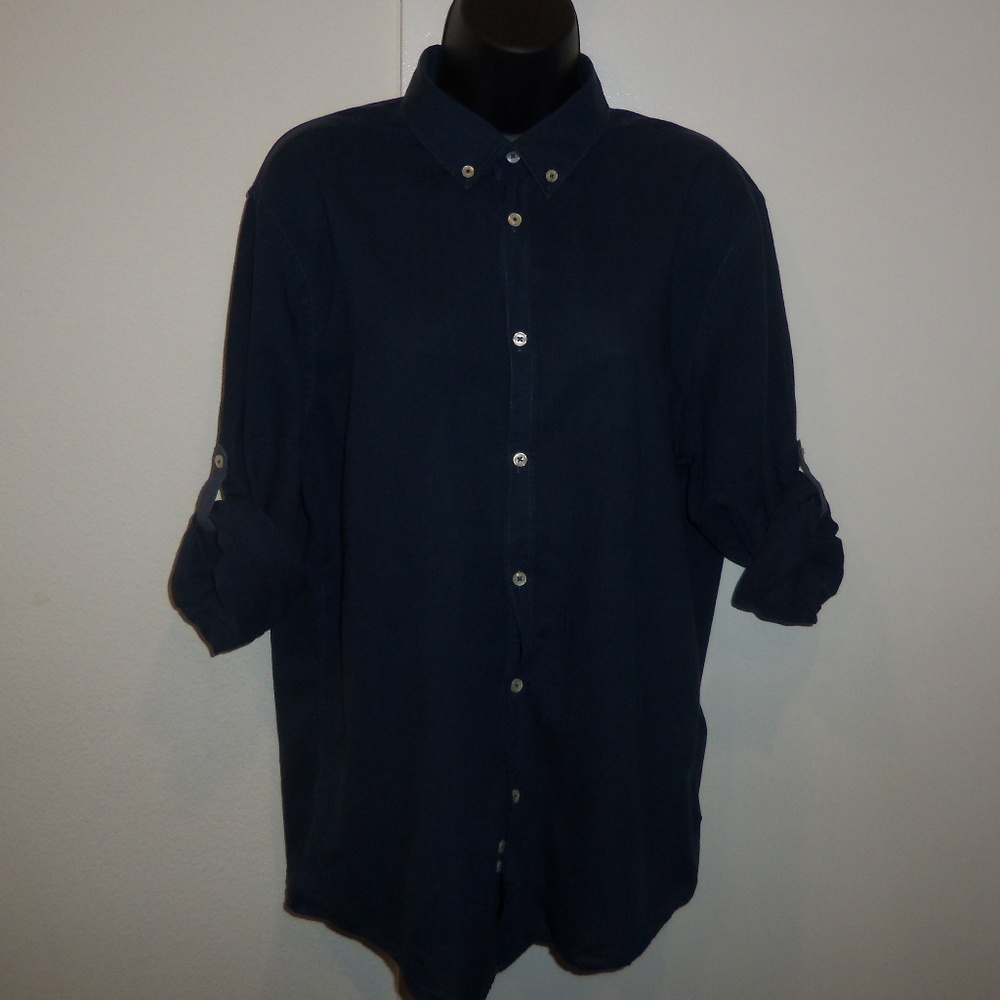 Zara Man Navy Blue Linen Blend Roll Tab Button Down Shirt L